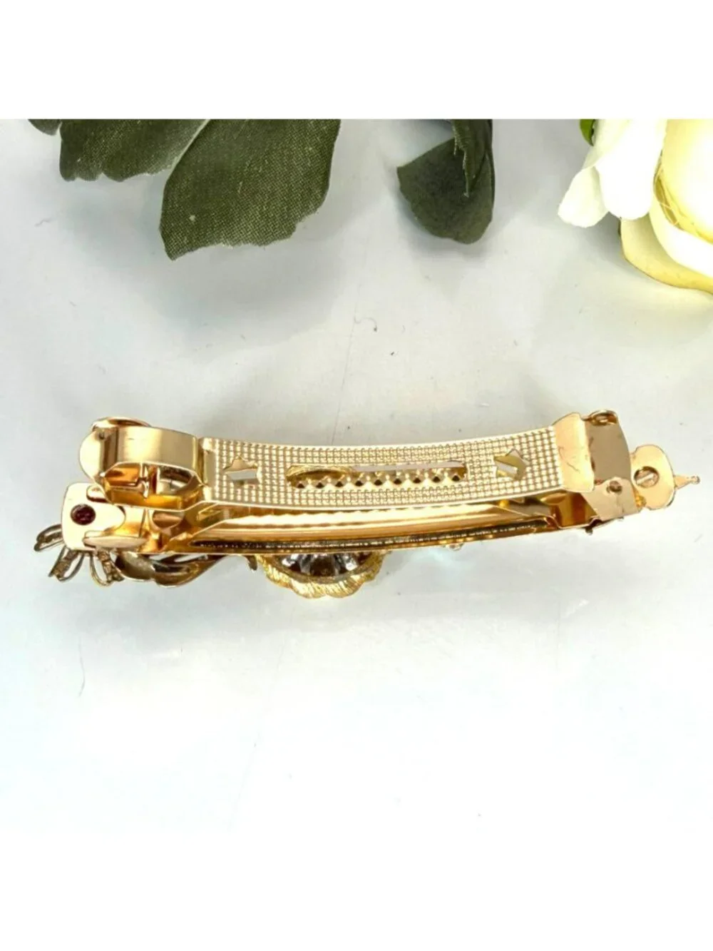Gold Rhinestone Flower Barrette | Handmade Vintage Jewelry Hair Clip | One of a